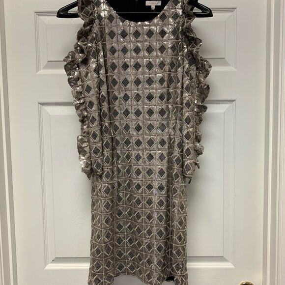 Intropia for Anthropologie Silver Sequin Club Cold Shoulder Dress sz 12 NWT - Picture 2 of 8
